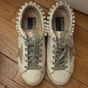 Golden Goose White Pearl-Embellished Iridescent Superstar Sneakers